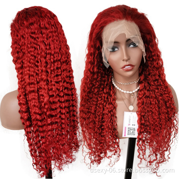 Pre plucked colored virgin brazilian hair wig full transparent hd lace frontal red wigs human hair deep wave red lace front wigs